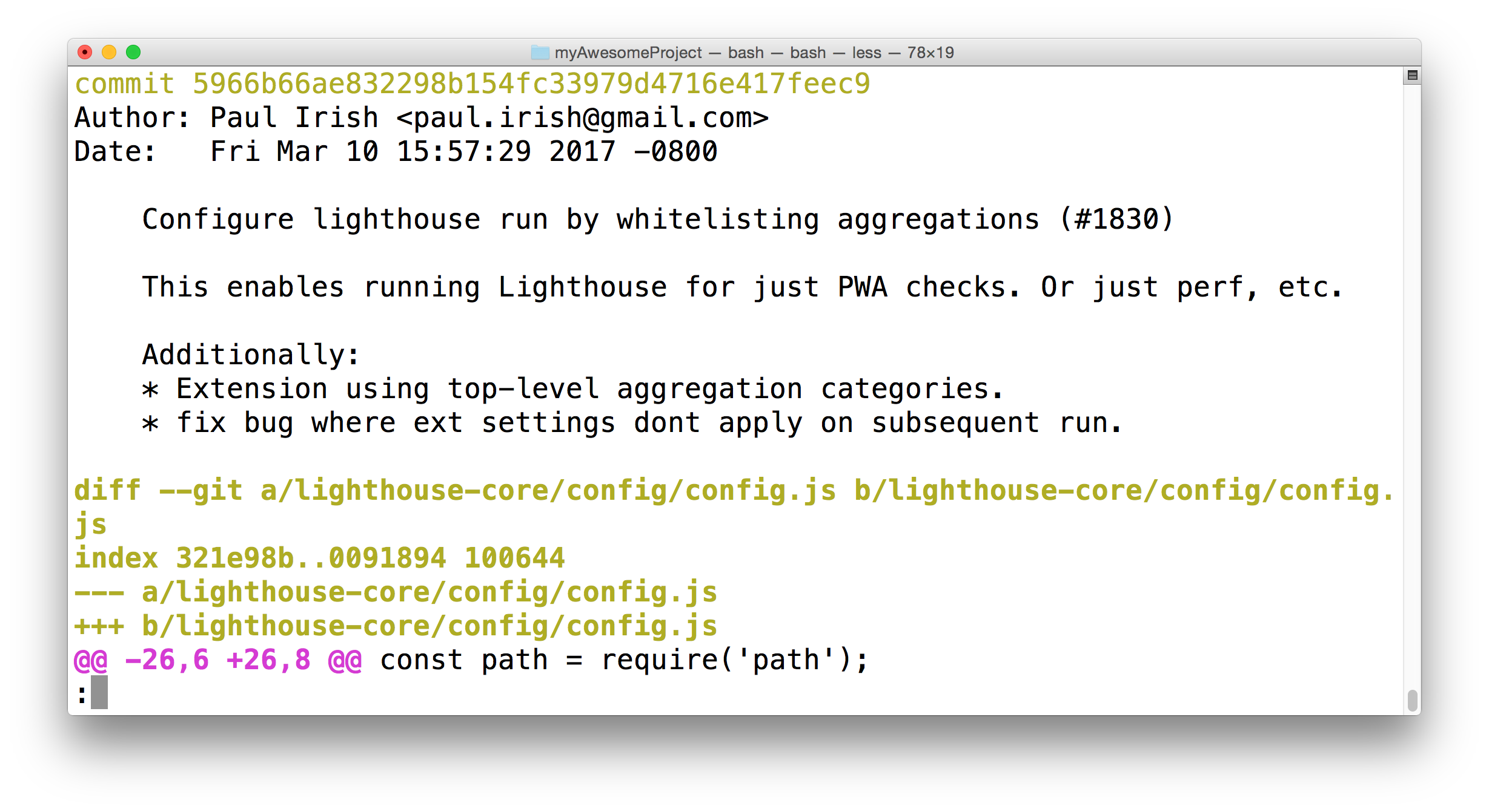 _The terminal application showing commit `5966b66` from the Lighthouse project. The author has provided additional information about the commit._